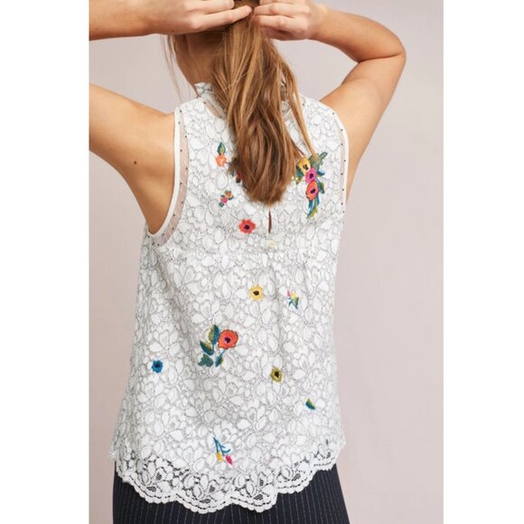 NEW Anthropologie Maeve Macie Floral Lace Ruffle Neck Sequin Embroidery Top - 10 - Picture 2 of 13